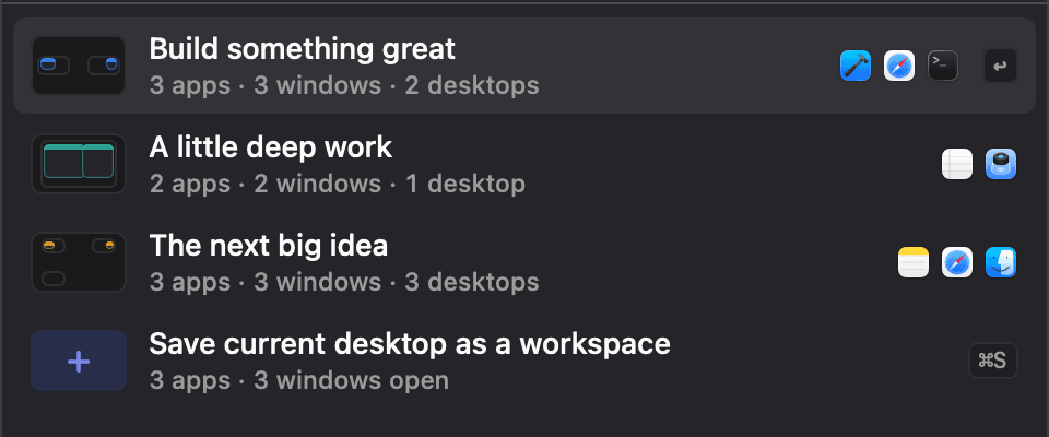 Rezume keyboard switcher listing three workspaces